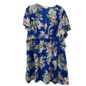 Umgee Floral Split neck Flutter Sleeve Ruffle Blue Pink White Dress Medium Royal
